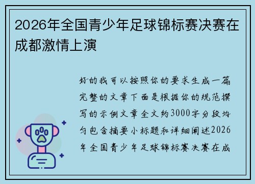 2026年全国青少年足球锦标赛决赛在成都激情上演